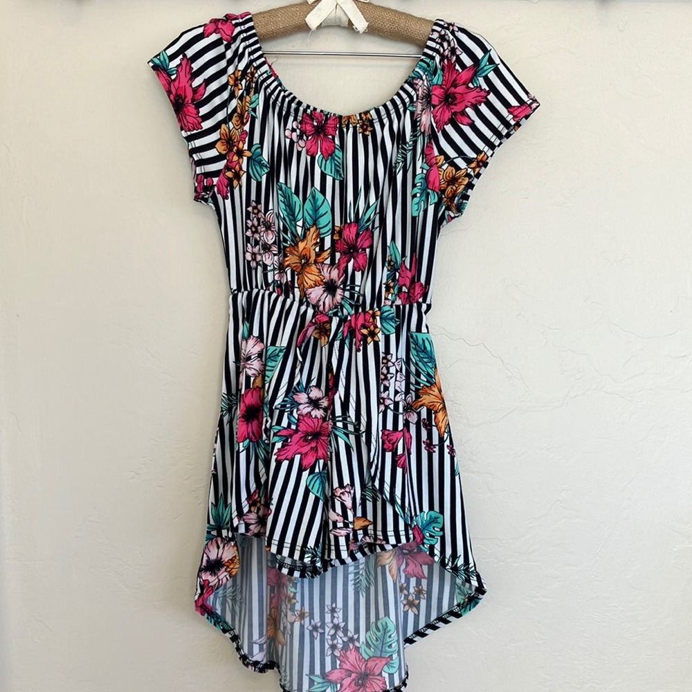 Pinc floral romper shorts with over skirt, Size 8.